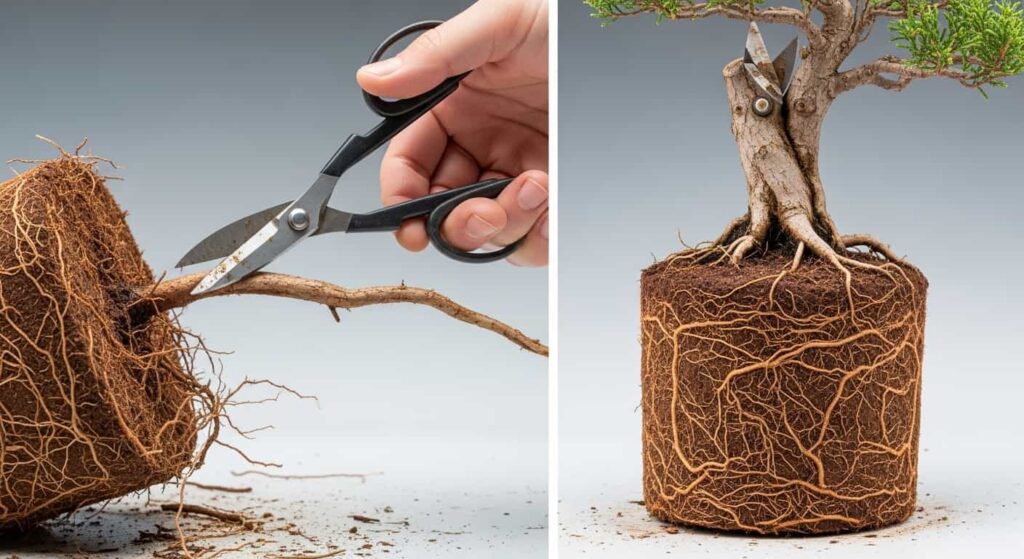 Split image comparing a bougainvillea root ball before and after root pruning, highlighting the removal of long, thick roots to achieve a clean, compact, and healthy root system.