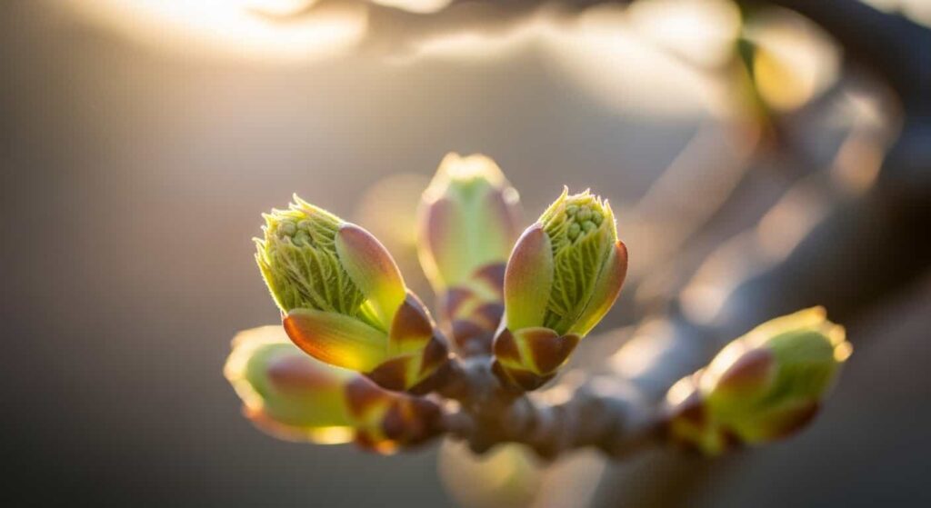 Macro shot of swelling Trident Maple buds in early spring, showing the exact visual cue for the optimal and safe root pruning window.