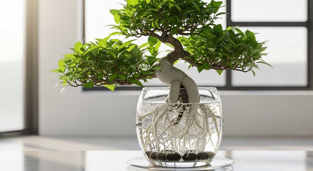 Bonsai tree growing in clear glass water vase with visible floating roots and air stone bubbles