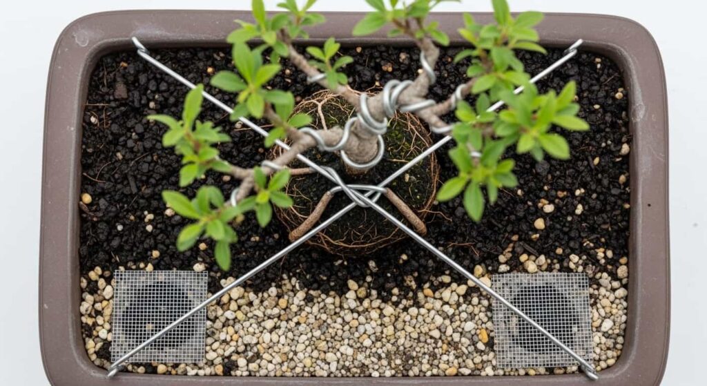 Aluminum anchor wires crossed and twisted over the root ball of a bonsai to secure it firmly in the new pot.