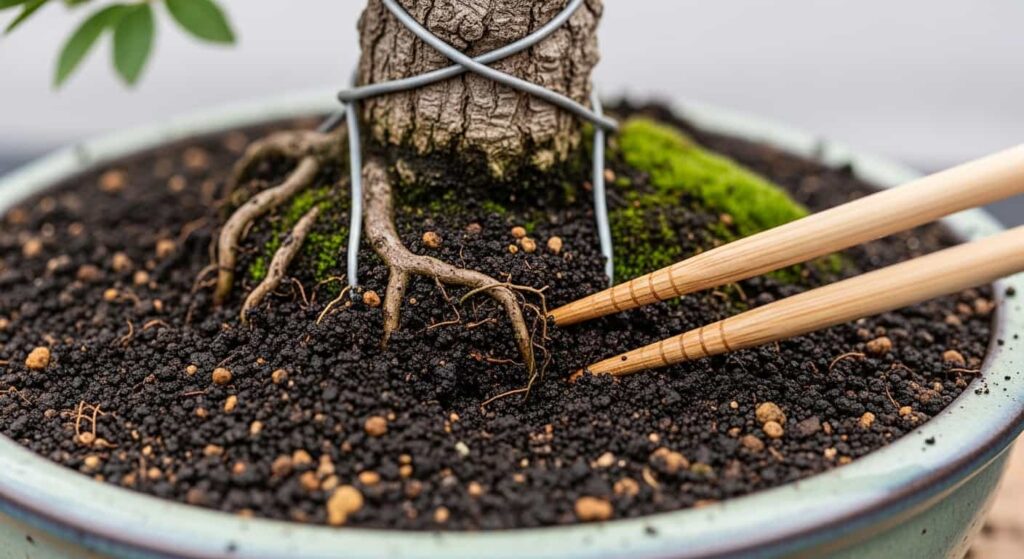 Using a chopstick to carefully work fresh bonsai soil around the roots after the tree has been wired into its pot.