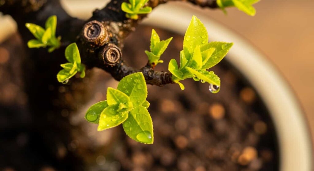 Close-up of vibrant new green leaves sprouting on a bonsai branch, a key sign of healthy recovery after repotting.