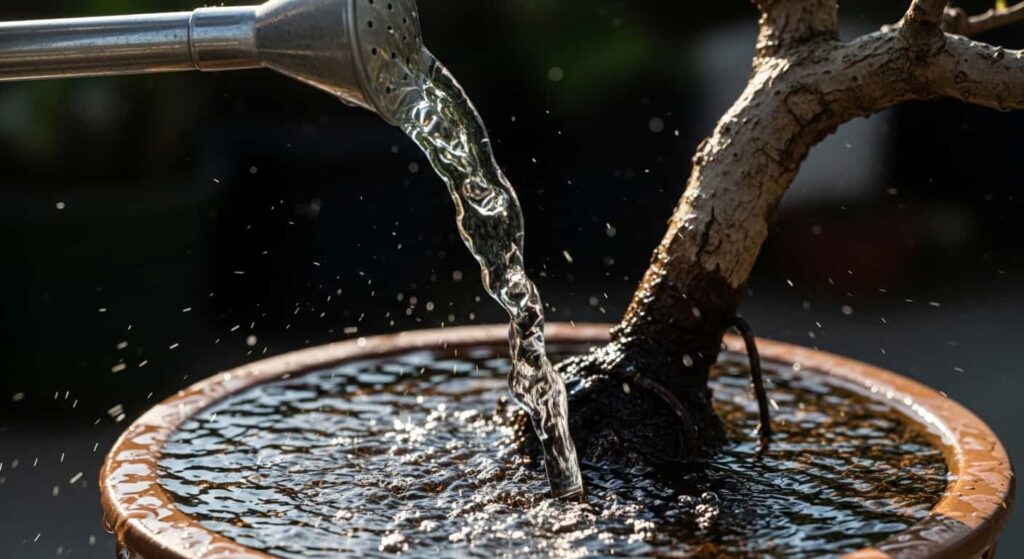 Water being thoroughly poured onto a bonsai tree after repotting, with excess water flowing out of the drainage holes to ensure the entire root ball is saturated.
