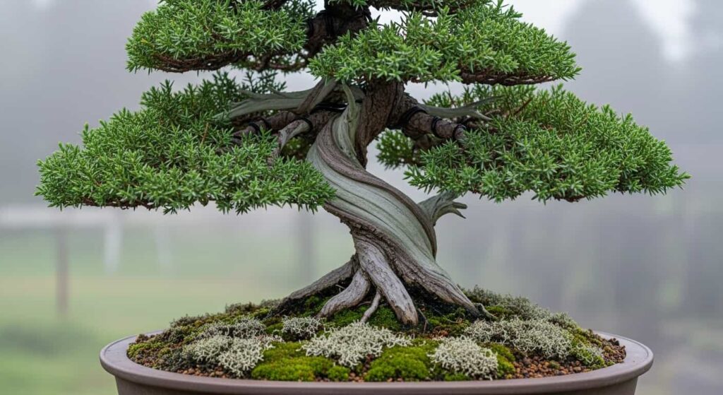 Mature Juniper bonsai in a rustic pot with textured bark and deep green foliage in soft morning light