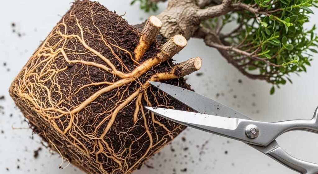 Top-down view of a cleaned bonsai root ball spread out, with sharp scissors poised to prune, showing the radial root structure before cutting.