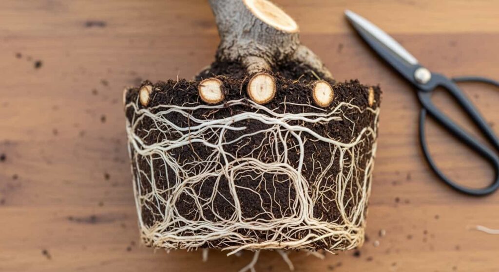 A pruned wisteria bonsai rootball showing clean cuts on thick roots and a healthy network of fine white feeder roots after proper root pruning.