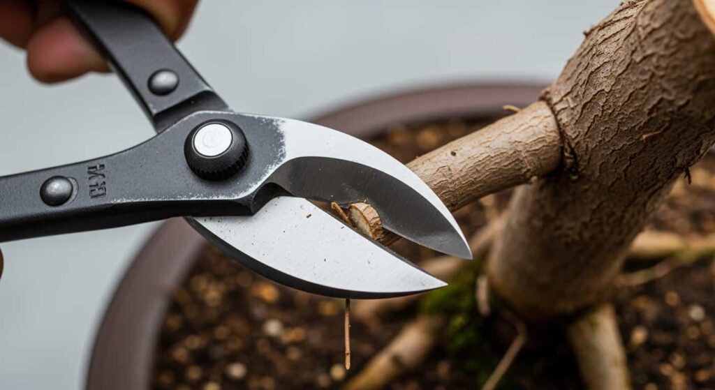 A hand using concave branch cutters to make a clean cut through a thick, woody root on a bonsai tree.