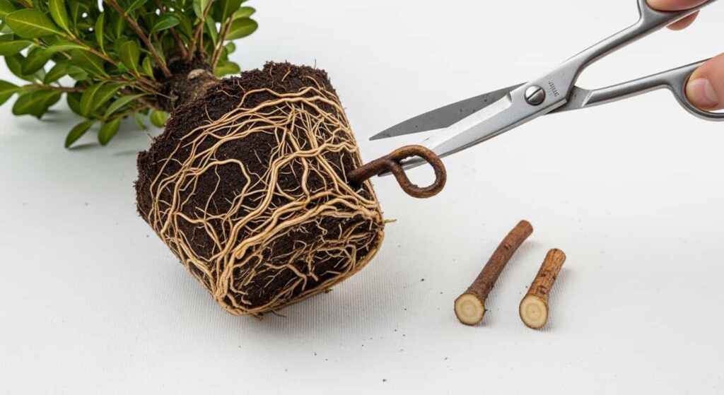 Close-up of a washed boxwood root system on a canvas background, with bonsai scissors trimming away a problematic circling root before repotting.