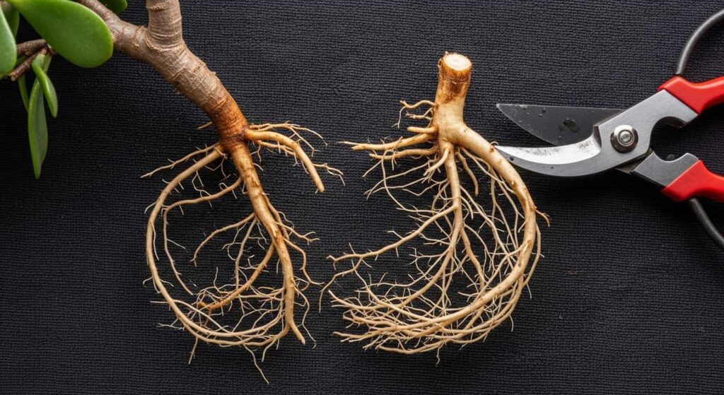 Top-down view of clean, bare jade bonsai roots on a dark cloth with sharp pruning shears positioned for cutting.