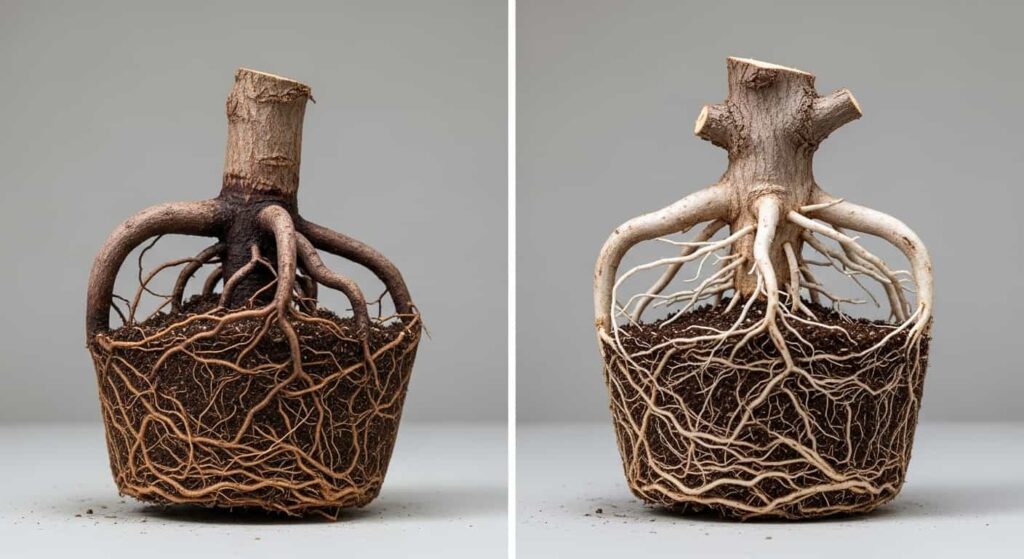 comparison of unpruned and correctly pruned bonsai roots showing what to cut and what to keep