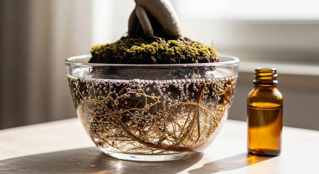 A bonsai root ball submerged in a glass bowl of hydrogen peroxide solution, with tiny oxygen bubbles forming on the healthy white roots.