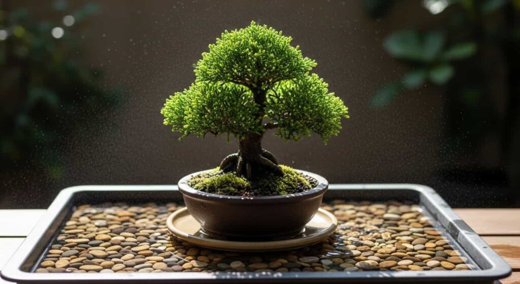 Bonsai tree on a humidity tray in bright, indirect light, demonstrating proper aftercare placement to reduce transpiration and aid recovery after repotting.