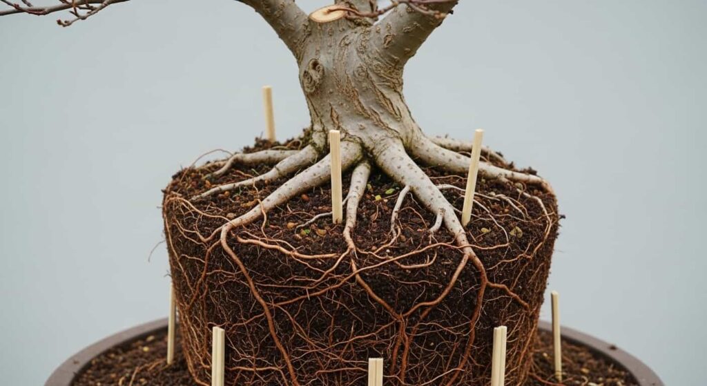 Close-up of a Cotoneaster bonsai nebari after root pruning, with surface roots spread radially from the trunk, ready for repotting into fresh soil mix.