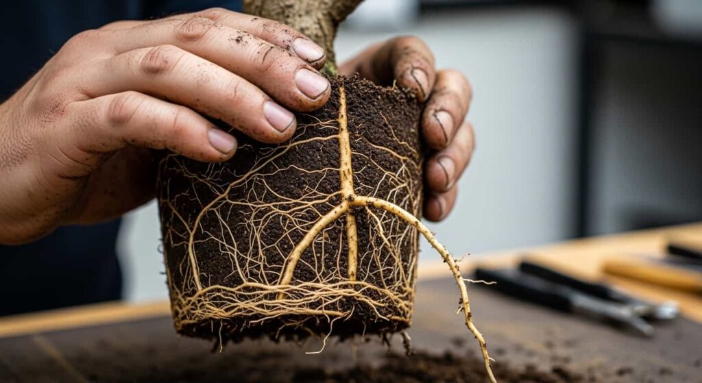 Clean, exposed root system of a trident maple bonsai held in hands, showing a mix of fibrous feeder roots and thicker anchor roots ready for pruning.