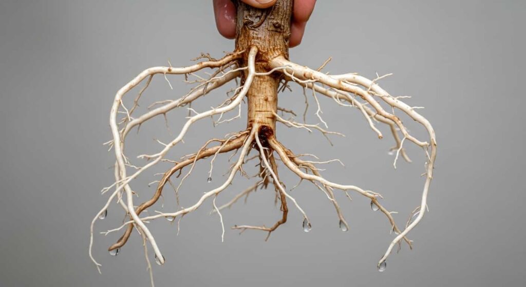 Completely bare and clean olive bonsai root system after washing, showing healthy white feeder roots and structural root architecture