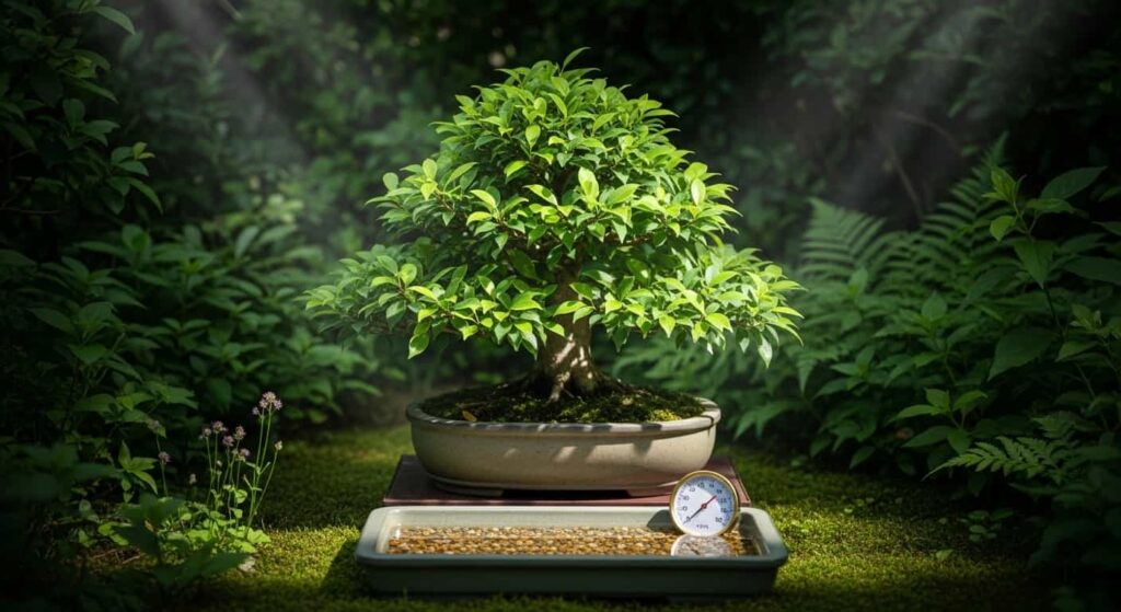 Tropical ficus bonsai in shaded summer location with humidity tray, showing proper care during months when root pruning is generally avoided