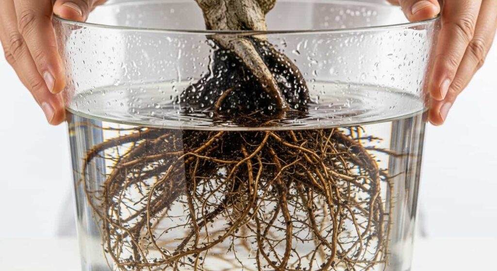 Bonsai roots submerged in clear glass water bucket with soil sediment falling during tub method root washing