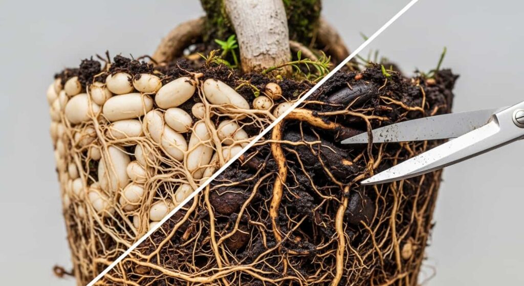 Macro shot comparing healthy white Serissa bonsai roots against dark, mushy roots affected by root rot, with scissors ready for pruning.