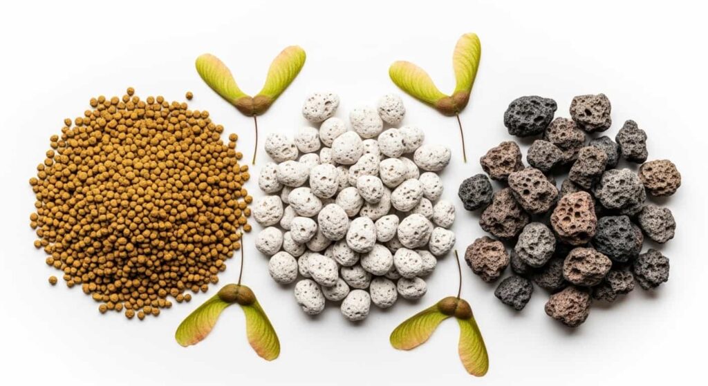 A flat lay of the three main inorganic soil components for Japanese maple bonsai: akadama clay granules, porous pumice, and dark lava rock, essential for proper drainage and aeration.