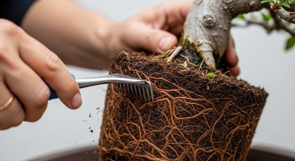 hands using bonsai root rake to gently loosen compacted root ball during repotting