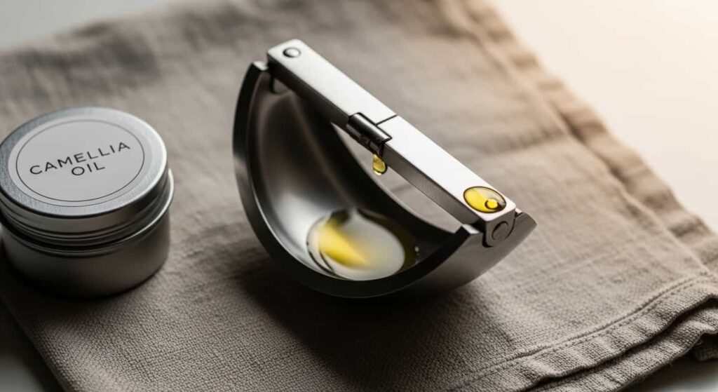 Maintenance of a bonsai concave cutter with camellia oil on a linen cloth to prevent rust after cleaning.