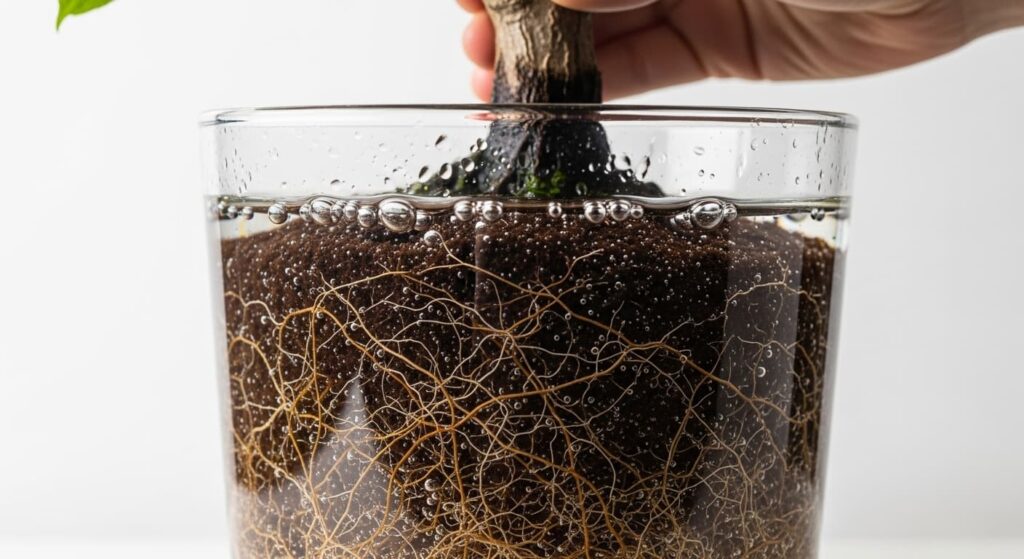 Bonsai root ball fully submerged in water basin during underwater root trimming technique step