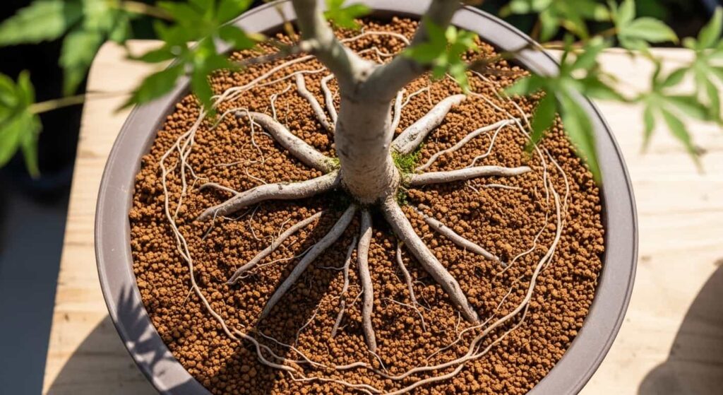 Aerial view of a Japanese maple bonsai's washed roots carefully spread radially over a layer of dry Akadama substrate in a clean pot before final backfilling.