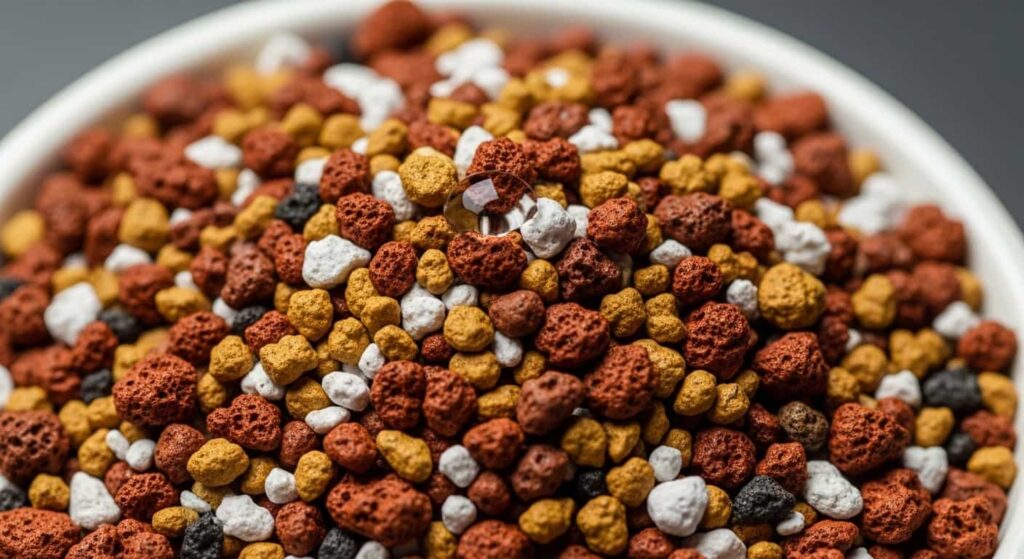 Close-up of ideal fast-draining bonsai soil mix showing distinct granules of red lava rock, white pumice, and golden akadama for optimal drainage and root health.