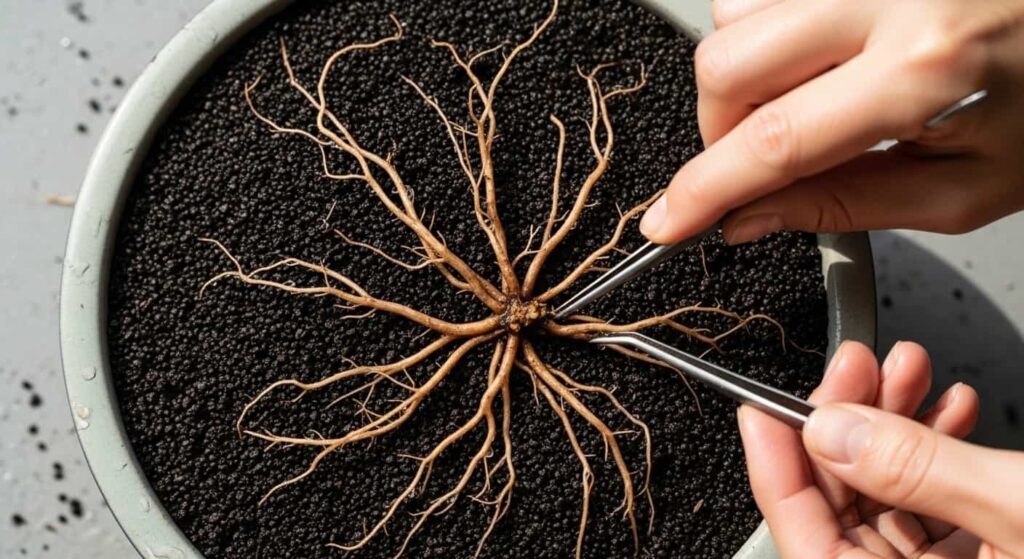 Freshly pruned bonsai roots spread radially in new pot with soil