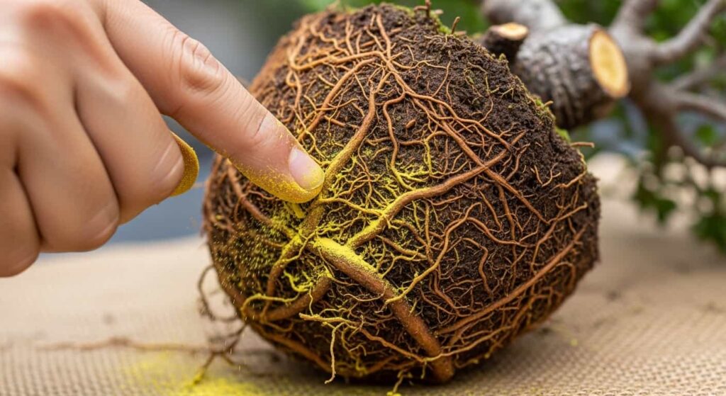Applying yellow sulfur powder as a natural fungicide to the freshly pruned roots of a bonsai tree to prevent infection and root rot.