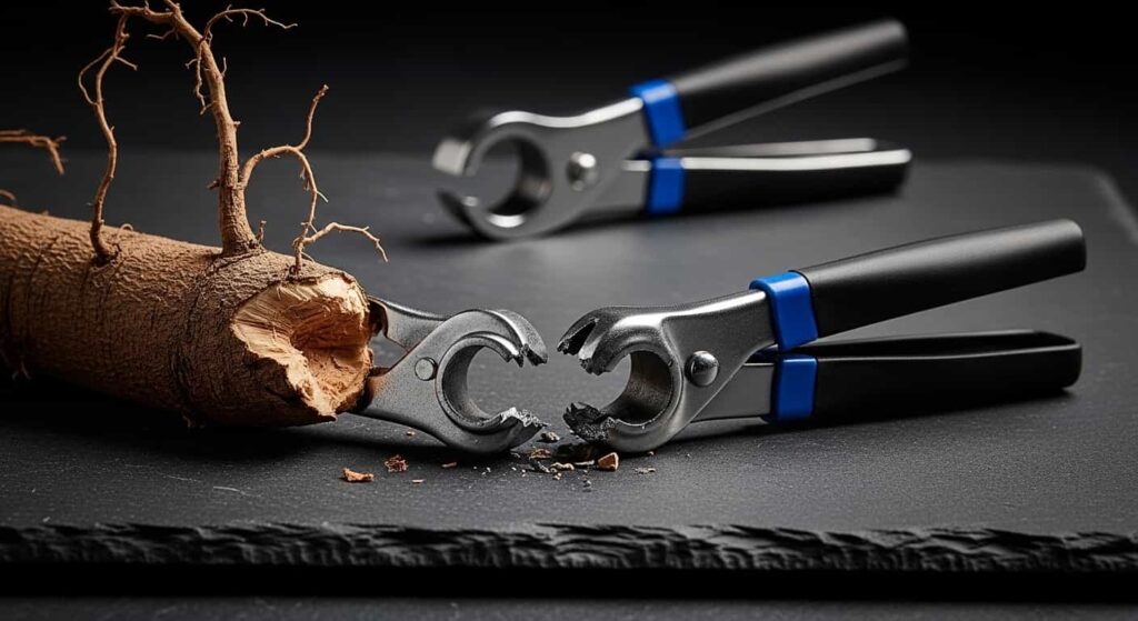 Broken budget knob cutter next to a damaged root, highlighting the failure of cheap bonsai tools on thick woody roots.