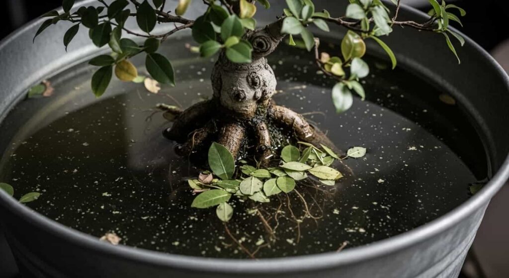 bonsai tree mistakenly soaked too long in water showing signs of stress and neglect