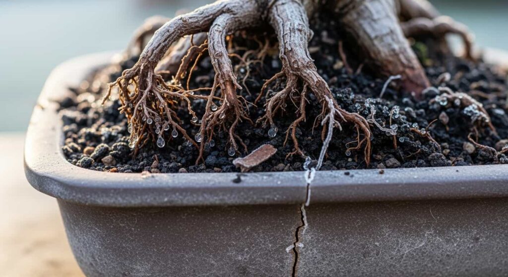 Frost-damaged Chinese Elm bonsai roots dark and papery with cracked ceramic pot from winter freeze