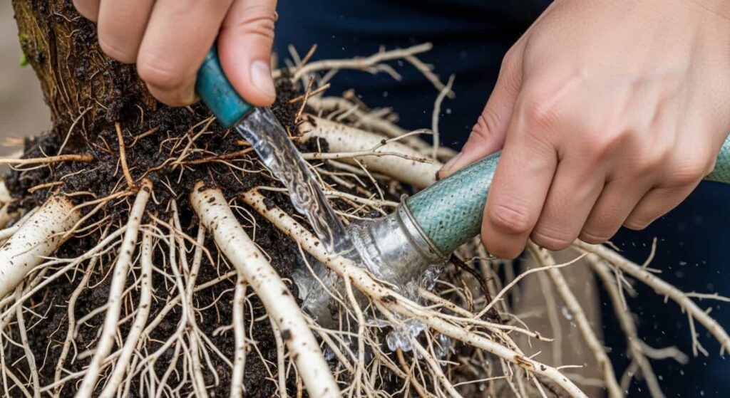 Close-up of a person rinsing the intricate, fibrous white roots of a Chinese Elm bonsai with a gentle stream of water to remove old soil.