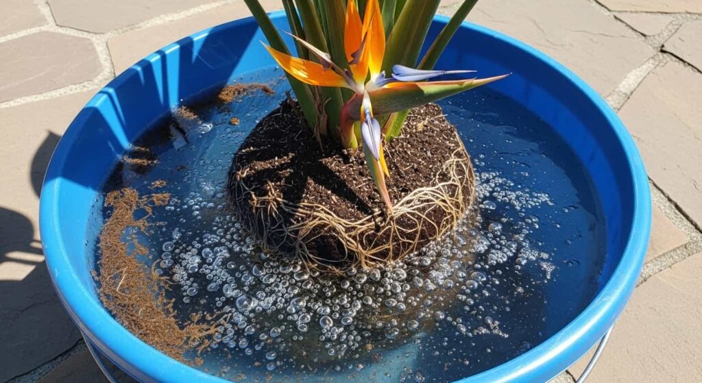 A large Bird of Paradise root ball soaking in a 5-gallon bucket of water, the first step in the root washing process to loosen compacted soil.