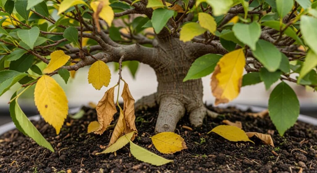 A bonsai tree with yellowing leaves and wilting foliage, indicating possible root rot.