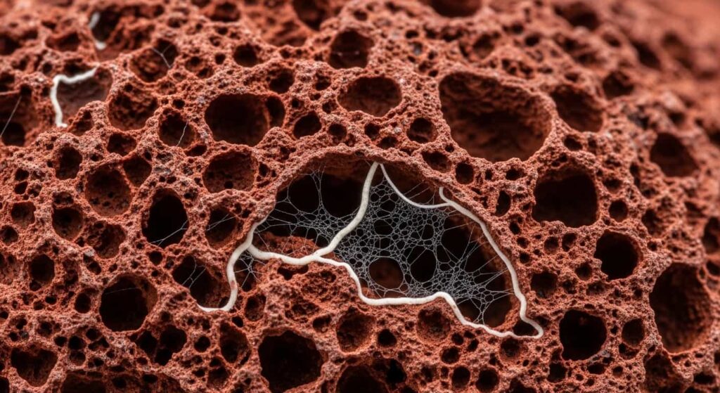 Macro detail of red lava rock surface showing micro-cavities colonized by white mycorrhizal fungi filaments.