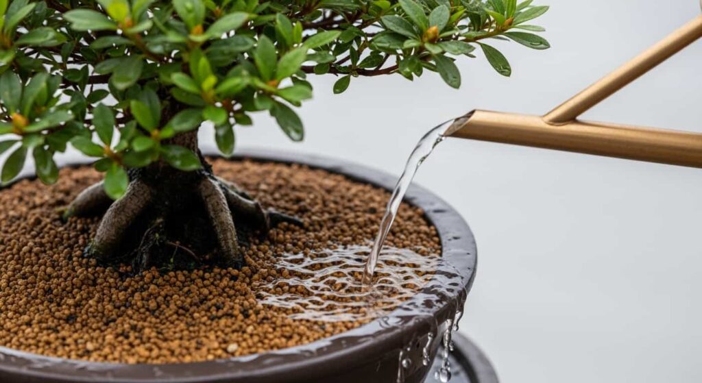 Close-up of a fine-stream watering can gently irrigating the Kanuma soil of a freshly repotted azalea bonsai, demonstrating the proper watering technique after root pruning.