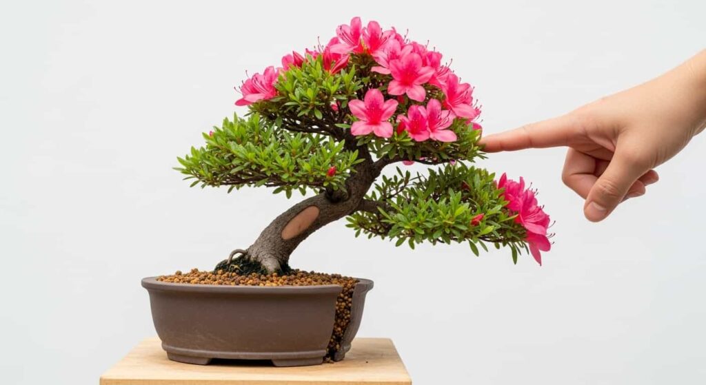 A small flowering azalea bonsai leaning unstable in its pot with a visible gap between the soil and pot wall, indicating a loss of anchoring roots due to over-pruning.