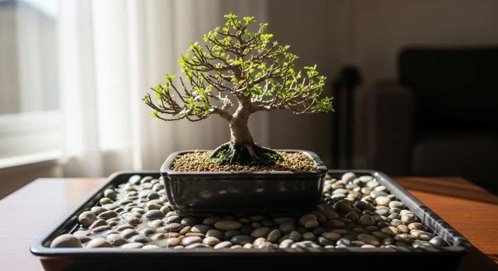 A bonsai tree recovering on a humidity tray filled with pebbles and water, placed in a bright window with soft, indirect sunlight.