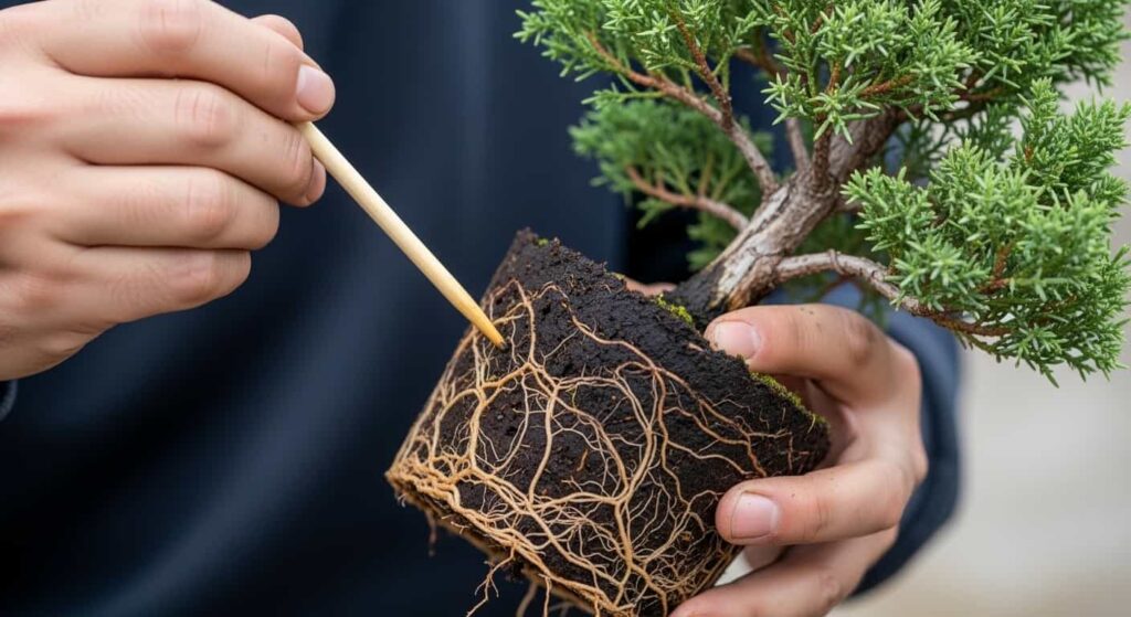 Gardener inspecting the root ball of a juniper bonsai with a chopstick after removing it from the pot to diagnose root rot.