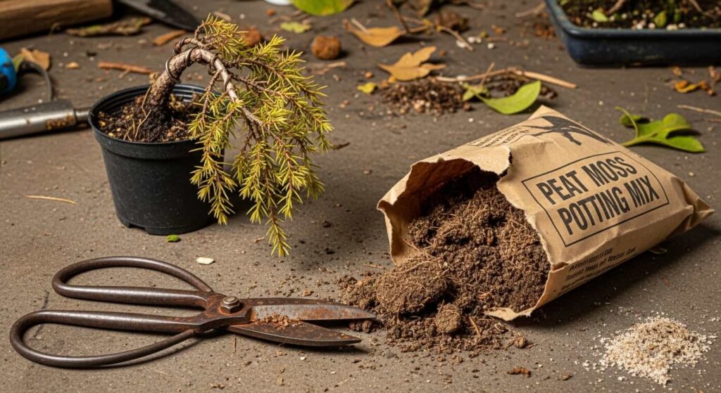 Rusty bonsai tools and bag of incorrect potting soil, illustrating common mistakes like using dirty tools and wrong soil for juniper root pruning.
