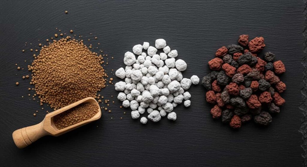 Flat lay of three piles of bonsai soil components: orange akadama granules, white porous pumice, and dark crushed lava rock on a slate background.