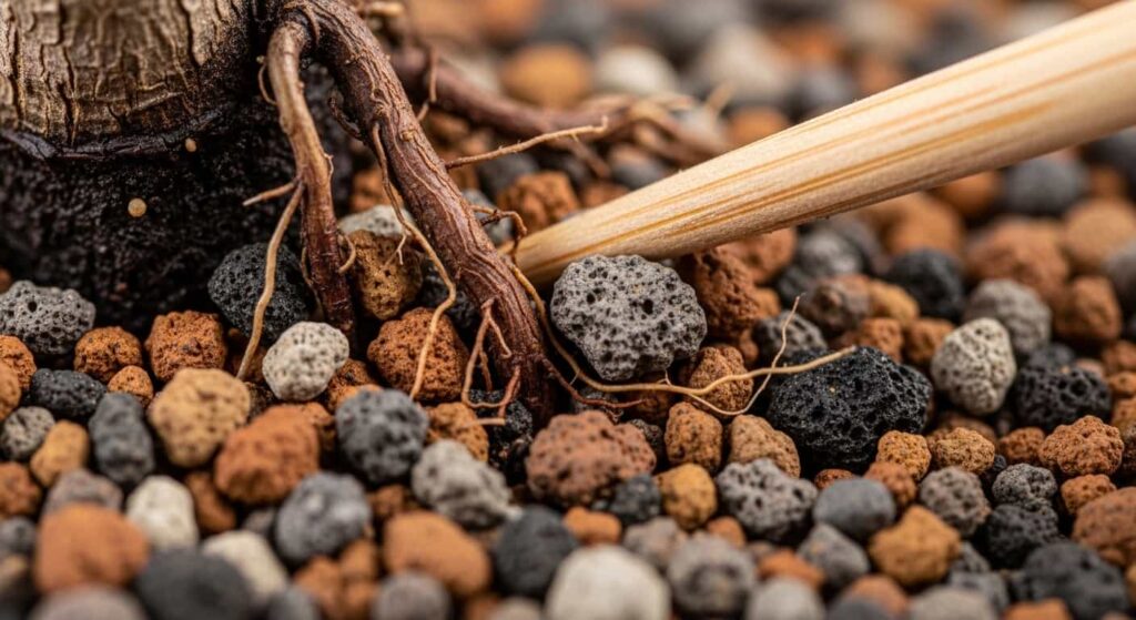 Close-up of a chopstick working granular bonsai soil between the roots to eliminate air pockets after repotting.