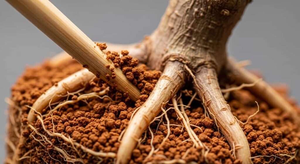 Detailed shot of a wooden chopstick working fresh akadama soil between the bare roots of a bonsai to remove air pockets.