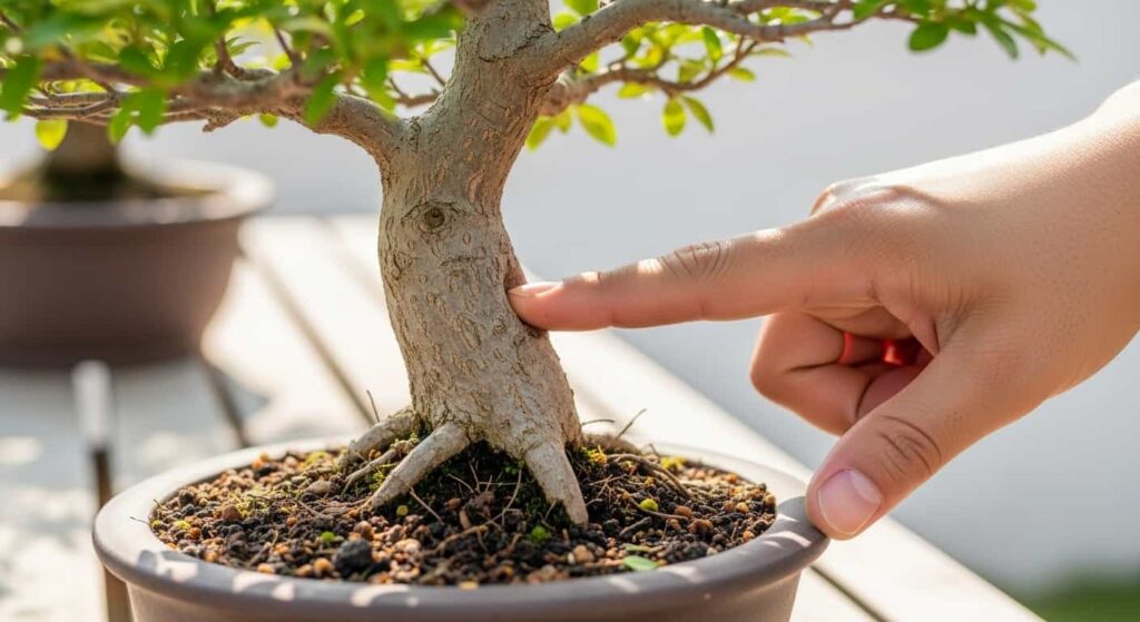 Hand gently testing the stability of a repotted bonsai tree by attempting to rock the trunk to see if the anchor wires can be removed.