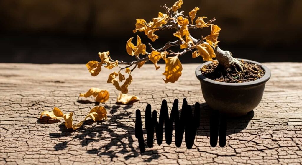 A stressed bonsai tree with wilted and yellowing leaves sitting in harsh, direct sunlight, illustrating the dangers of moving a tree to full sun too soon after repotting.