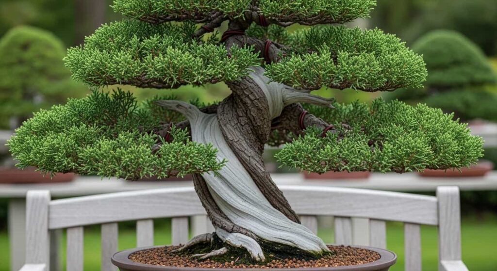 A healthy juniper bonsai tree in an unglazed pot, representing a conifer species that requires careful, less frequent watering after repotting to prevent root rot.