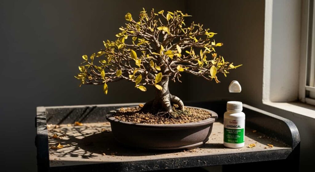 A stressed and unhealthy bonsai tree with yellowing leaves next to a bottle of unused fertilizer