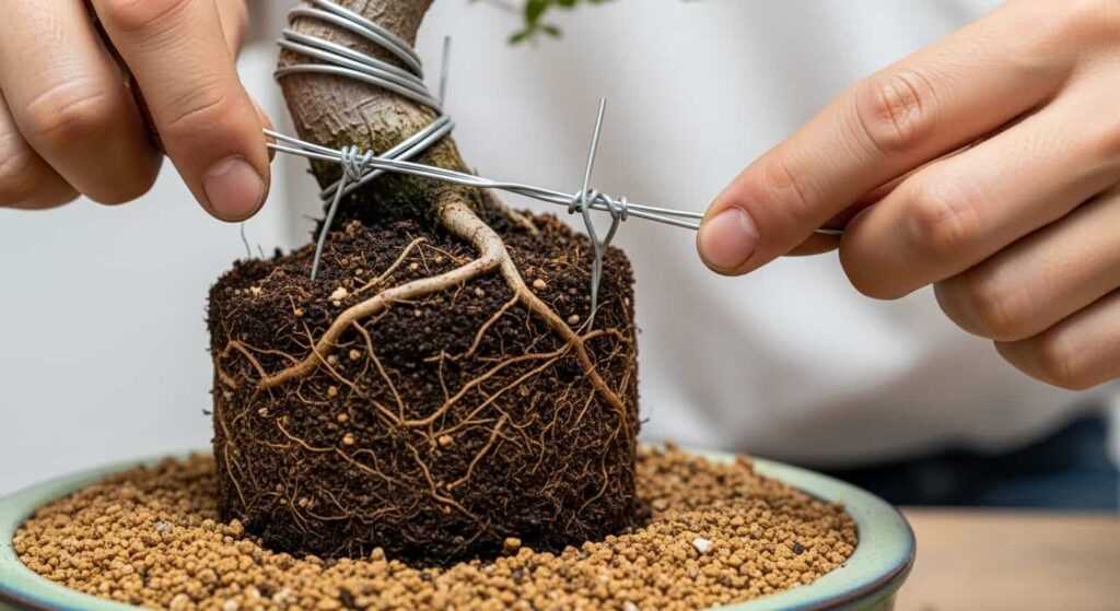 Eye-level shot of bonsai artist's hands securing a tree into a new pot with anchor wire, twisting the wire over the root ball to stabilize it.